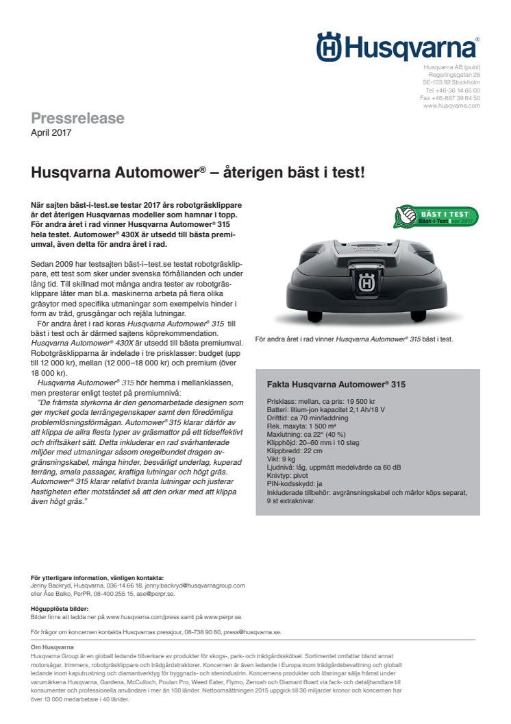 Husqvarna Automower® – återigen bäst i test!