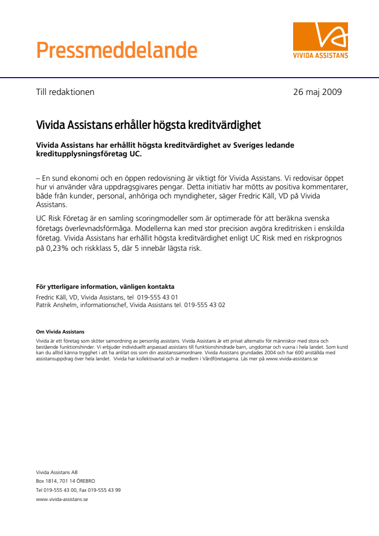 Vivida Assistans erhåller högsta kreditvärdighet
