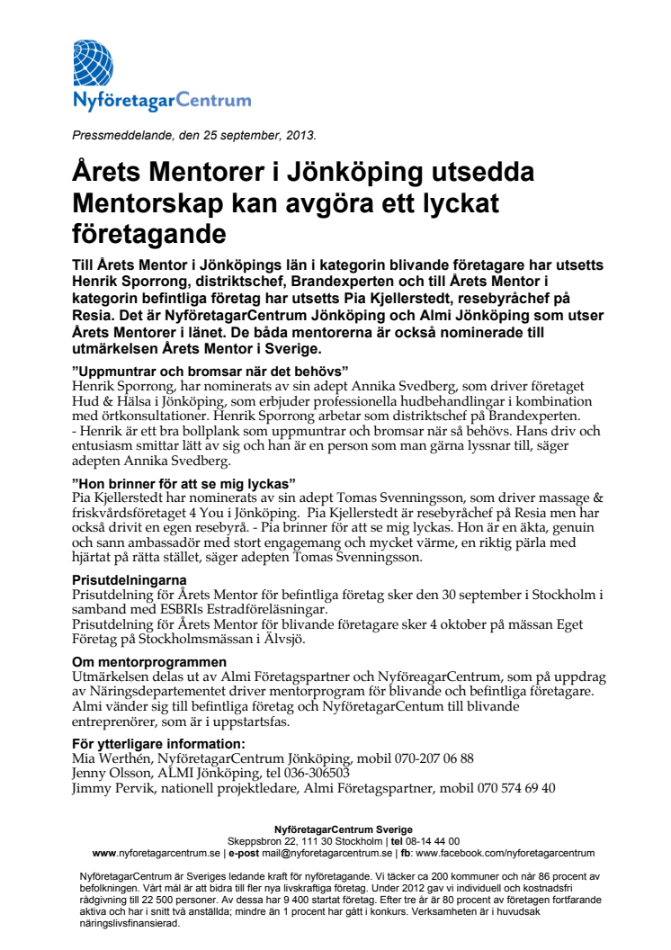 Årets Mentorer i Jönköping utsedda! Mentorskap kan avgöra ett lyckat företagande