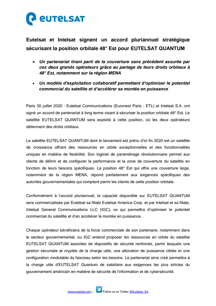 Eutelsat et Intelsat signent un accord pluriannuel stratégique sécurisant la position orbitale  48° Est pour EUTELSAT QUANTUM 