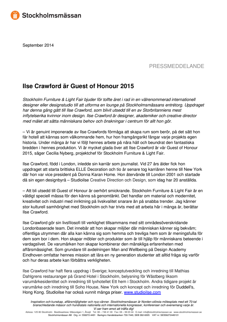 Ilse Crawford är Guest of Honour 2015