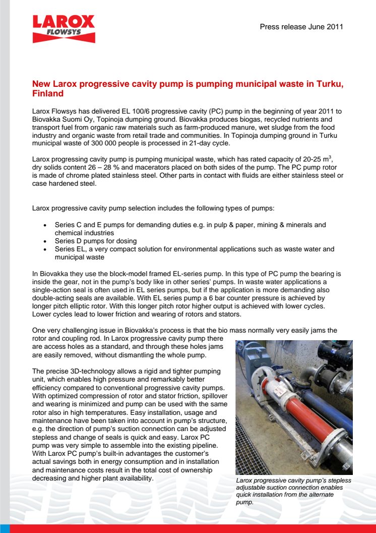 New Larox progressive cavity pump is pumping municipal waste in dumping ground