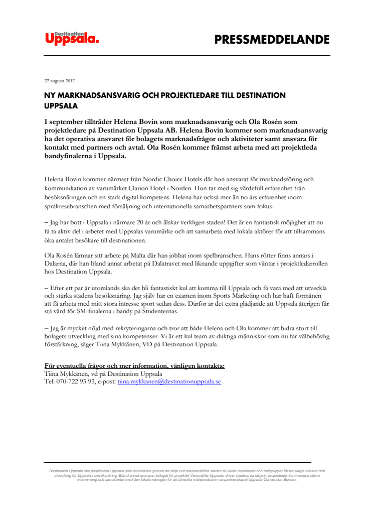 Ny marknadsansvarig och projektledare till Destination Uppsala