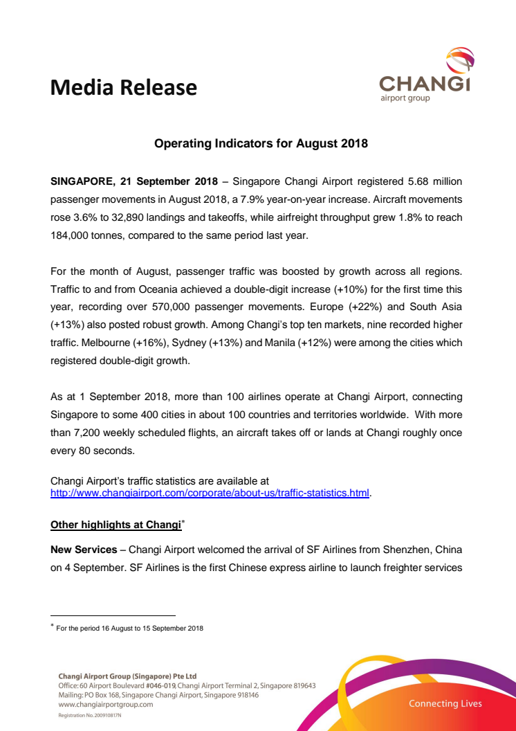 Operating Indicators for August 2018