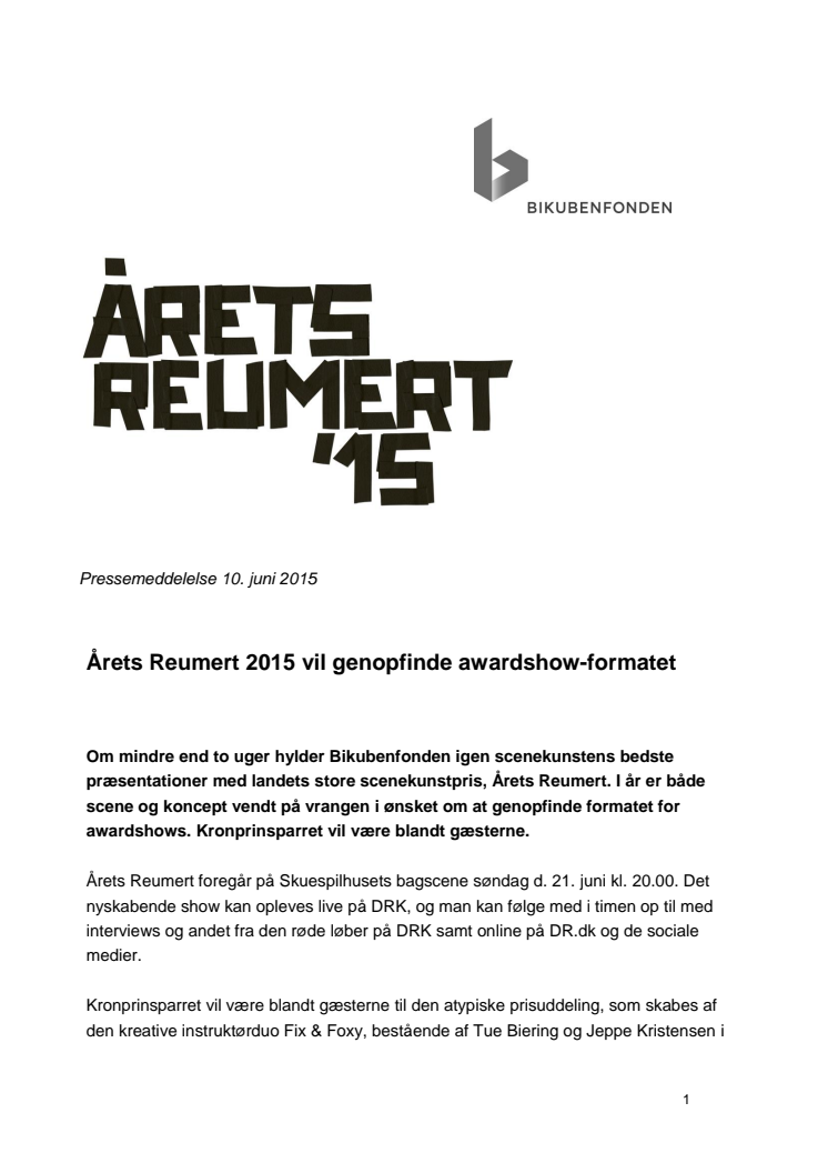 ​Årets Reumert 2015 vil genopfinde awardshow-formatet
