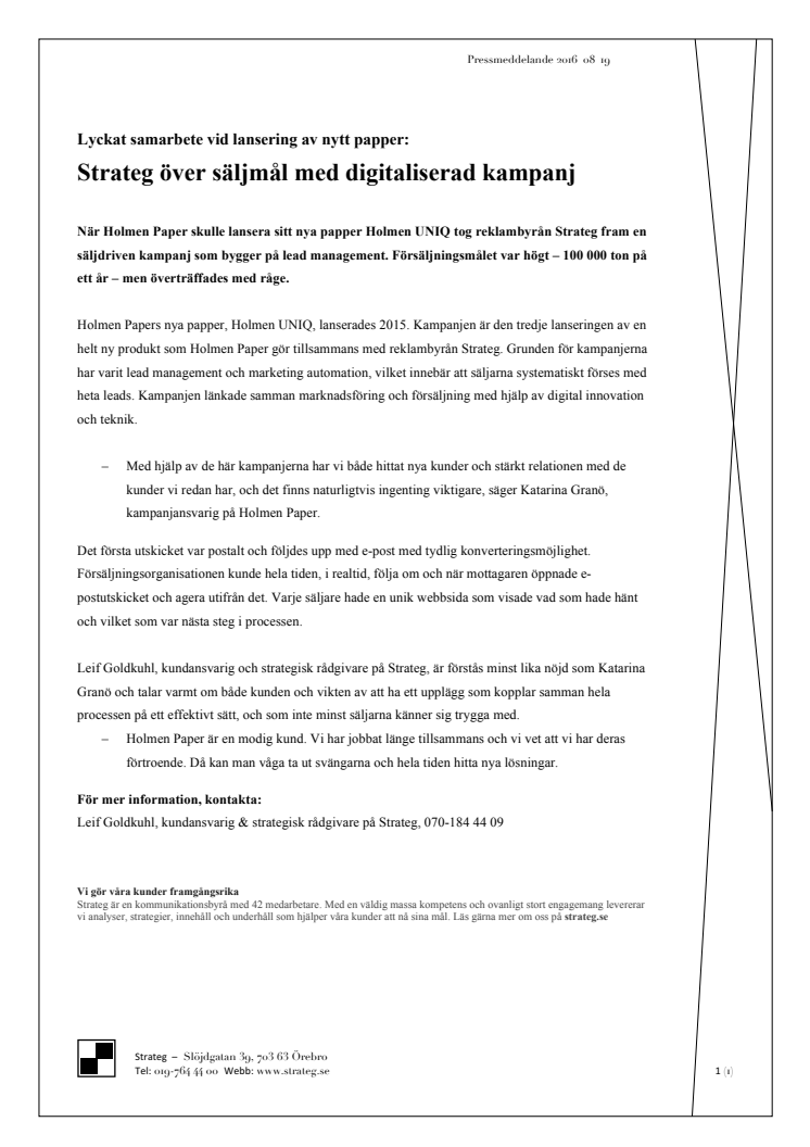 Lyckat samarbete vid lansering av nytt papper: Strateg över säljmål med digitaliserad kampanj