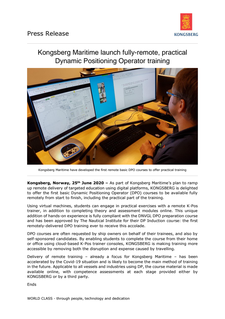 Kongsberg Maritime launch fully-remote, practical Dynamic Positioning Operator training