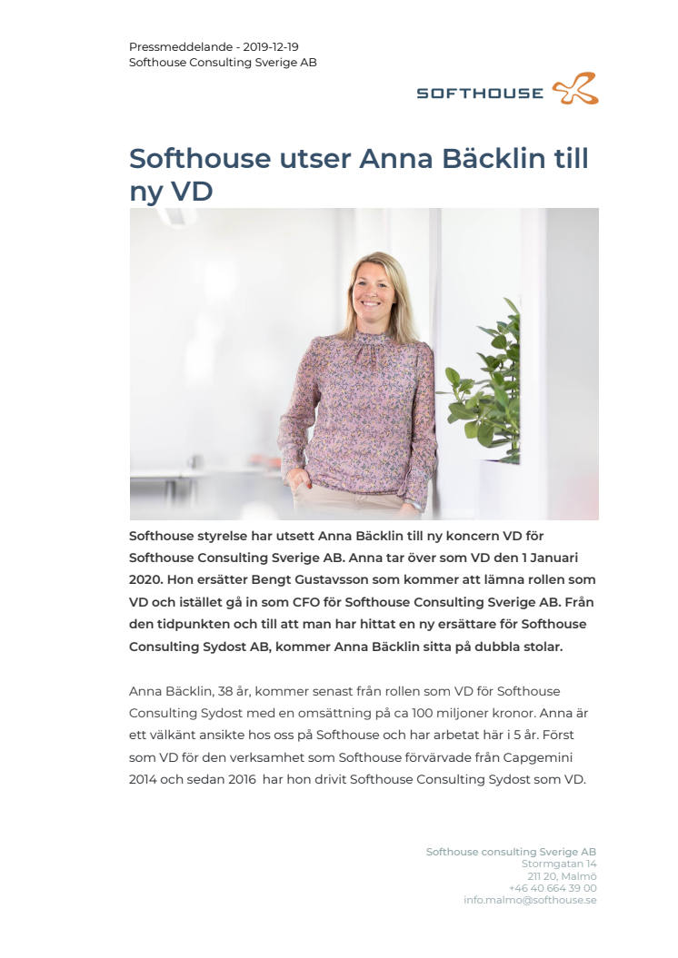 ​Softhouse utser Anna Bäcklin till ny koncern VD​