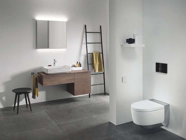 Geberit Variform pesuallas ja allaskaappi laatikoilla, AquaClean Mera Comfort wc-istuin, Sigma80 huuhtelupainike, Option Plus peili