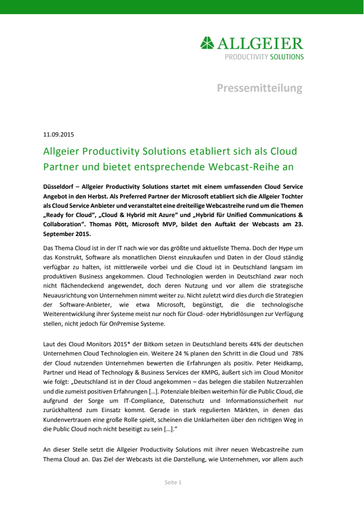 Allgeier Productivity Solutions etabliert sich als Cloud Partner und bietet entsprechende Webcast-Reihe an