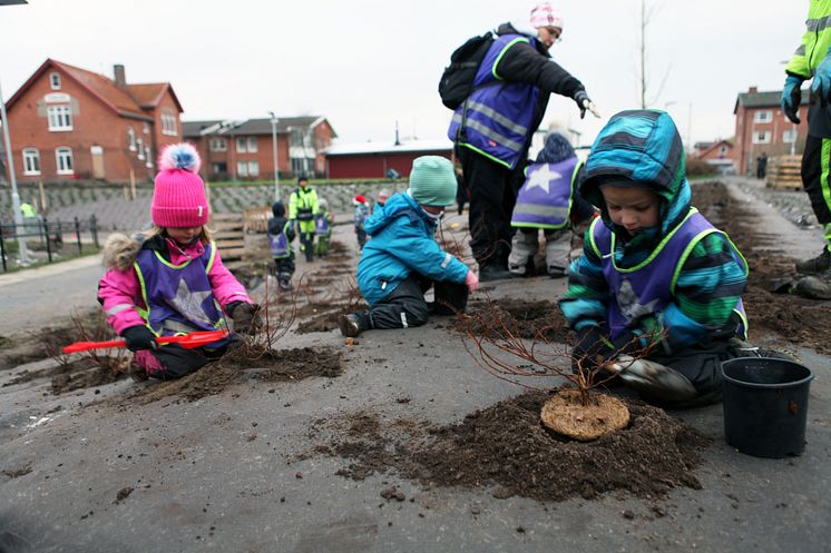 Plantering vid Furulund station - förskolebarn planterar