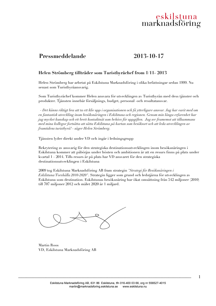 Helen Strömberg tillträder som Turistbyråchef i Eskilstuna den 1/11 - 2013
