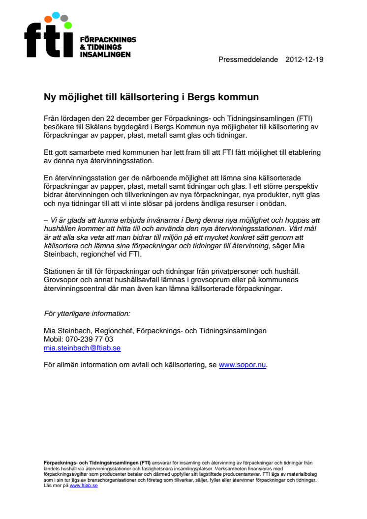 Ny möjlighet till källsortering i Bergs kommun
