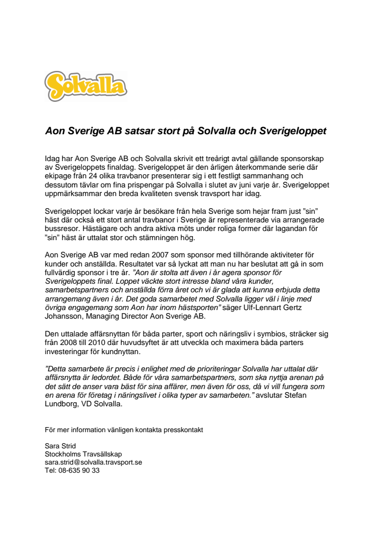 Aon Sverige AB satsar stort på Solvalla och Sverigeloppet