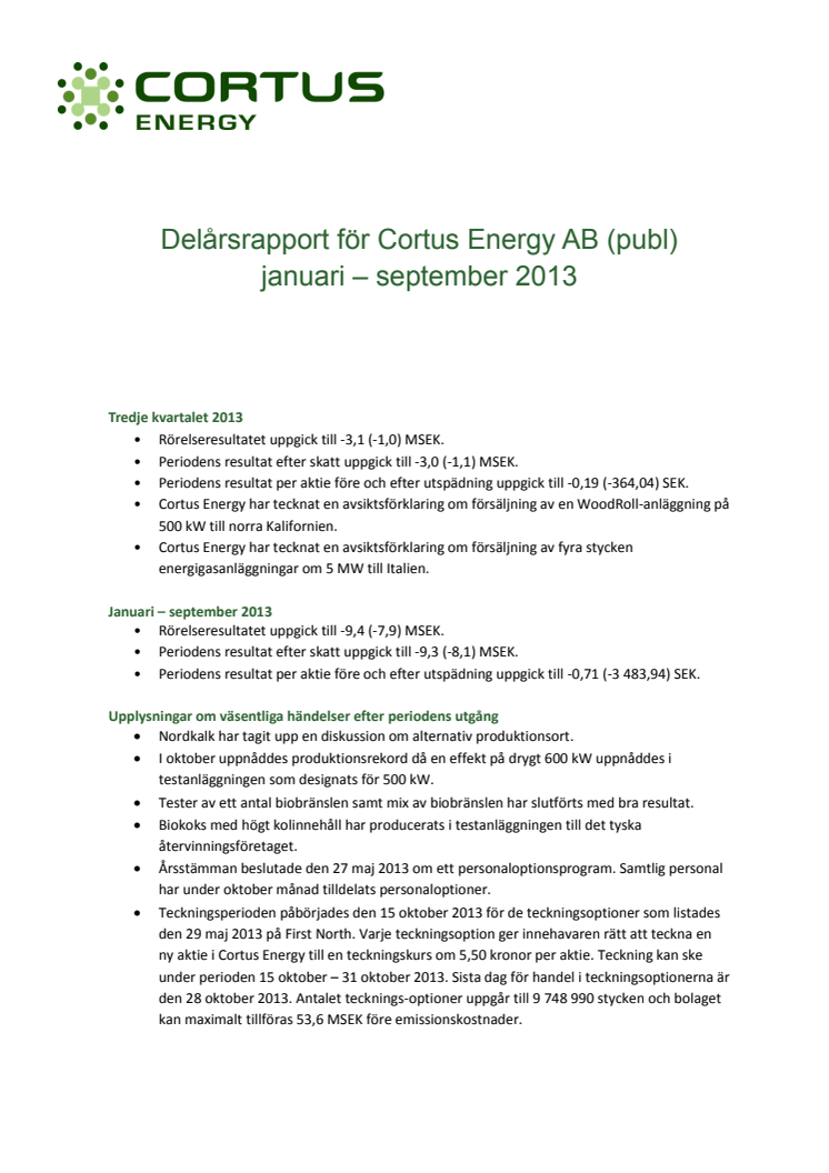 Delårsrapport för Cortus Energy AB (publ) januari – september 2013