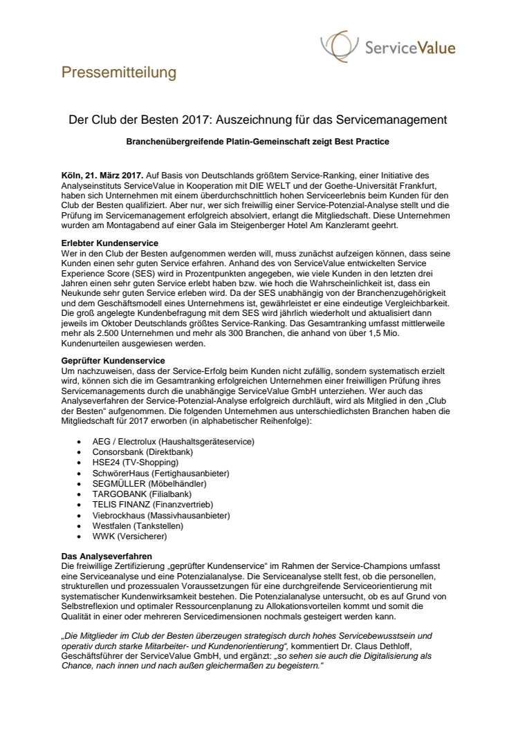 Der Club der Besten 2017: Auszeichnung für das Servicemanagement 