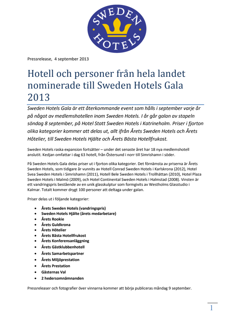 Hotell och personer från hela landet nominerade till Sweden Hotels Gala 2013