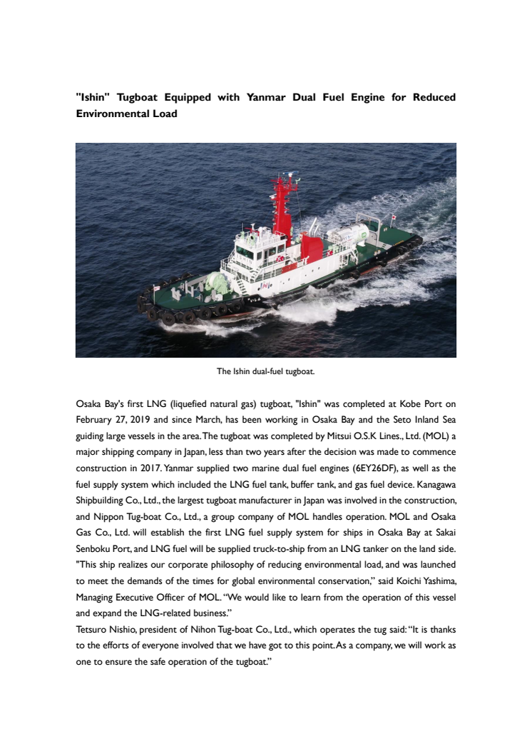 "Ishin" Tugboat Equipped with Yanmar Dual Fuel Engine for Reduced Environmental Load