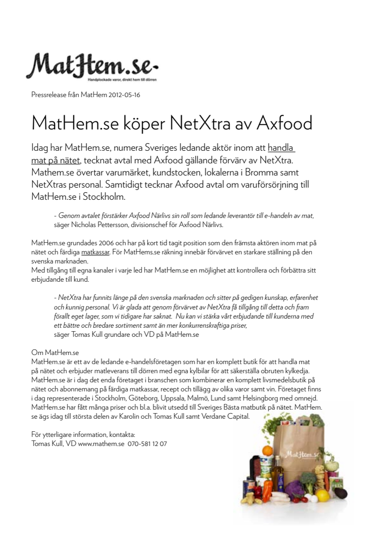 MatHem.se köper NetXtra av Axfood