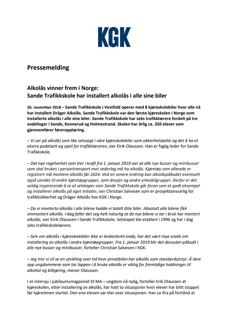 Alkolås vinner frem i Norge: Sande Trafikkskole har installert alkolås i alle sine biler
