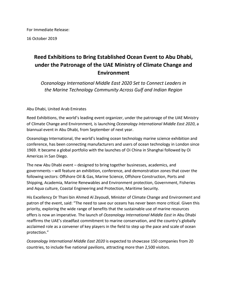 Reed Exhibitions to Bring Established Ocean Event to Abu Dhabi, under the Patronage of the UAE Ministry of Climate Change and Environment