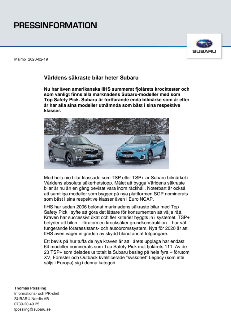 Världens säkraste bilar heter Subaru