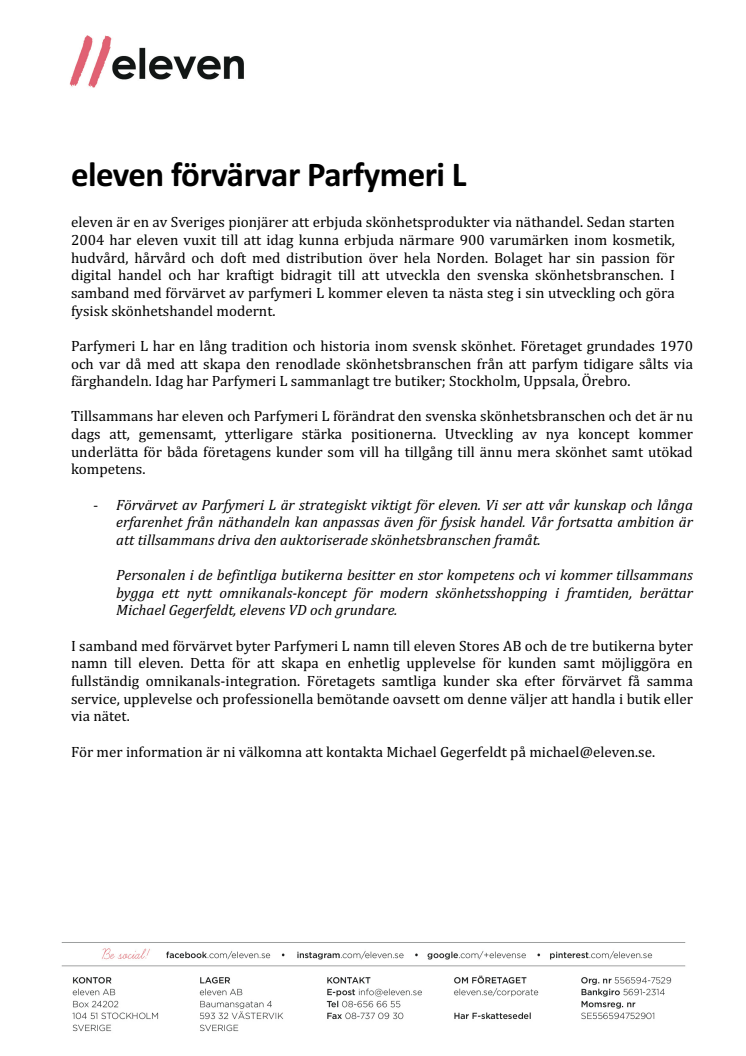 ​eleven förvärvar Parfymeri L