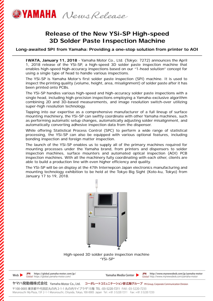 Release of the New YSi-SP High-speed 3D Solder Paste Inspection Machine Long-awaited SPI from Yamaha: Providing a one-stop solution from printer to AOI
