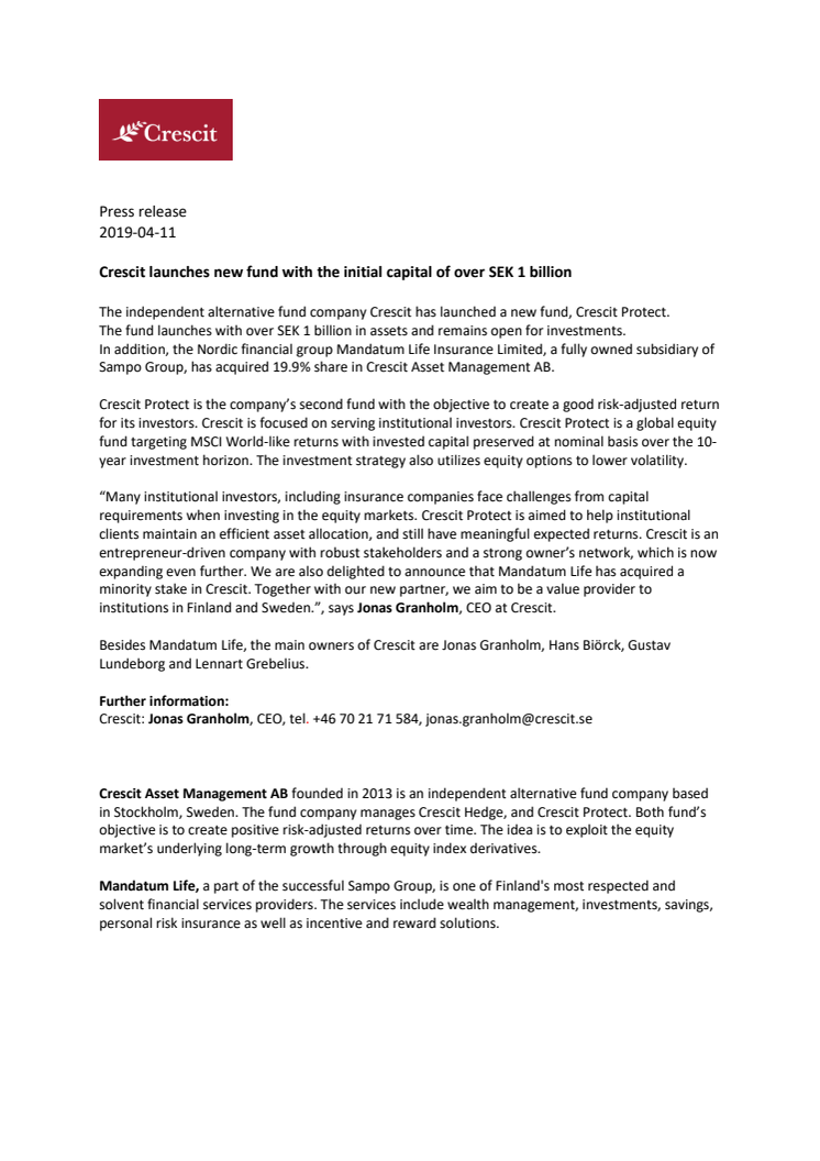 Crescit launches new fund with the initial capital of over SEK 1 billion
