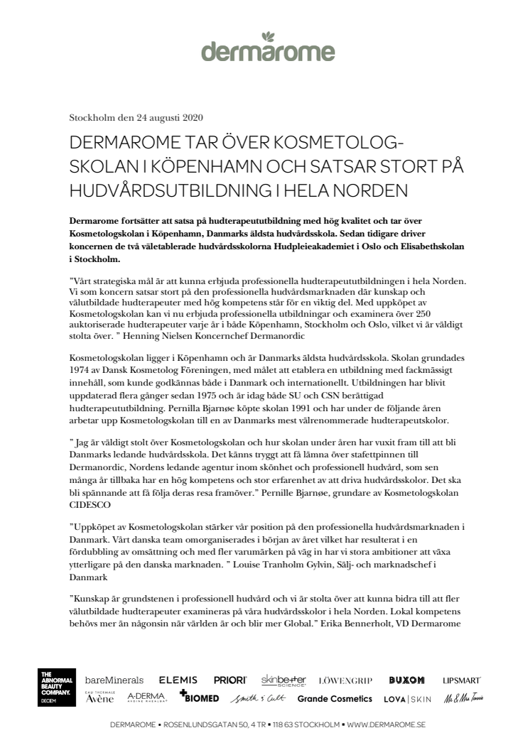 DERMAROME TAR ÖVER KOSMETOLOG-SKOLAN I KÖPENHAMN OCH SATSAR STORT PÅ HUDVÅRDSUTBILDNING I HELA NORDEN