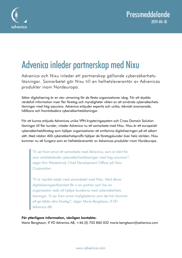 Advenica inleder partnerskap med Nixu