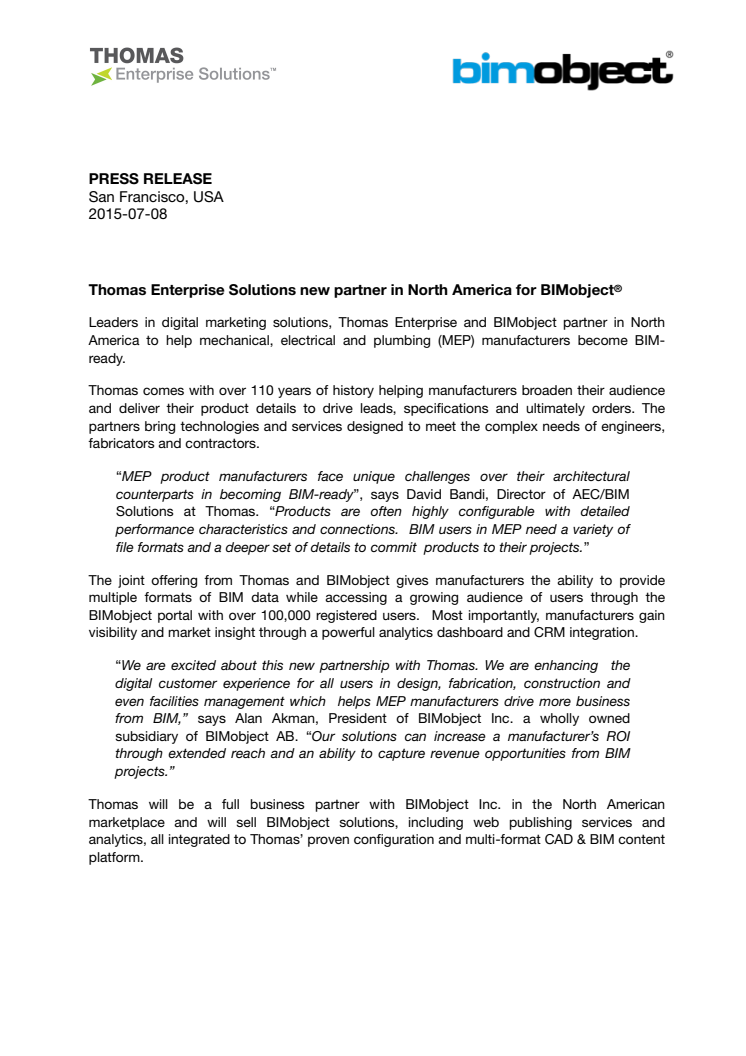 Thomas Enterprise Solutions new partner in North America for BIMobject®