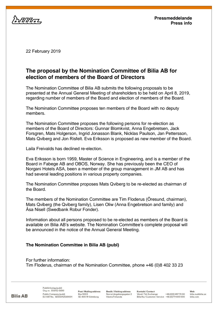 The proposal by the Nomination Committee of Bilia AB for election of members of the Board of Directors