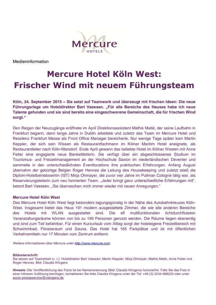 Mercure Hotel Köln West: Frischer Wind mit neuem Führungsteam