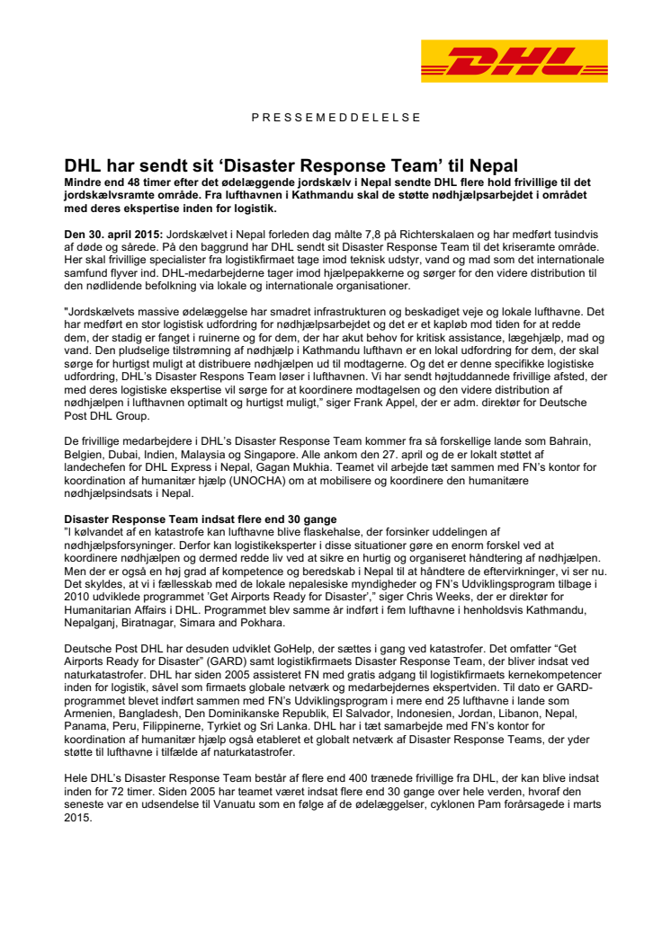 DHL har sendt sit ‘Disaster Response Team’ til Nepal