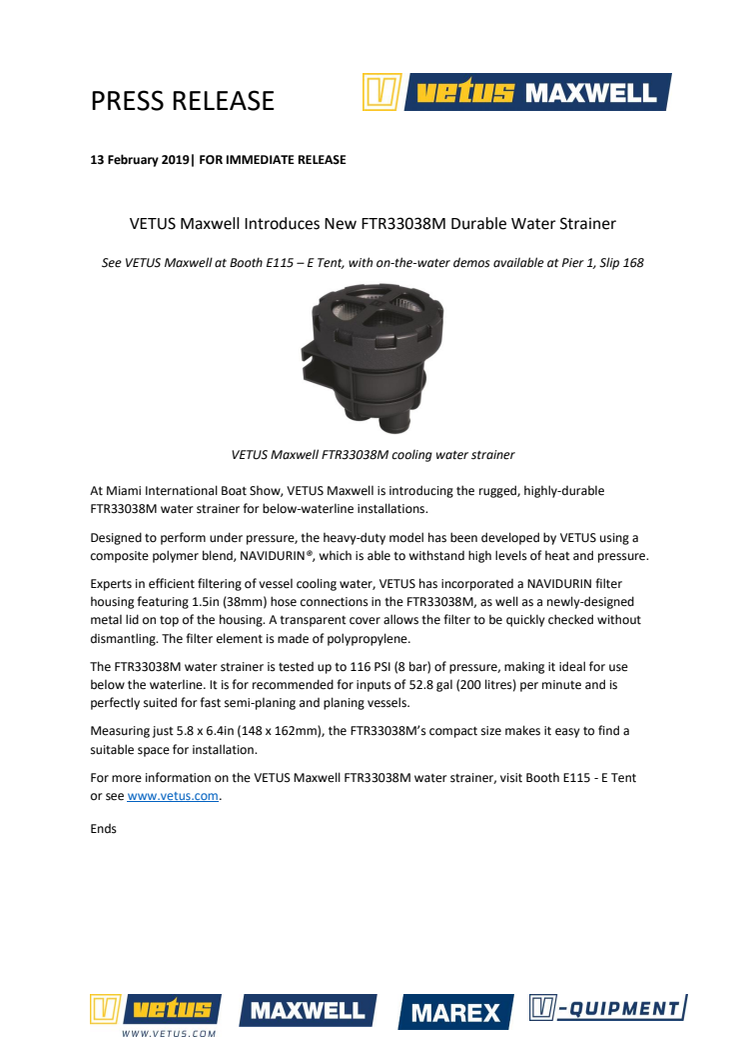 VETUS Maxwell Introduces New FTR33038M Durable Water Strainer