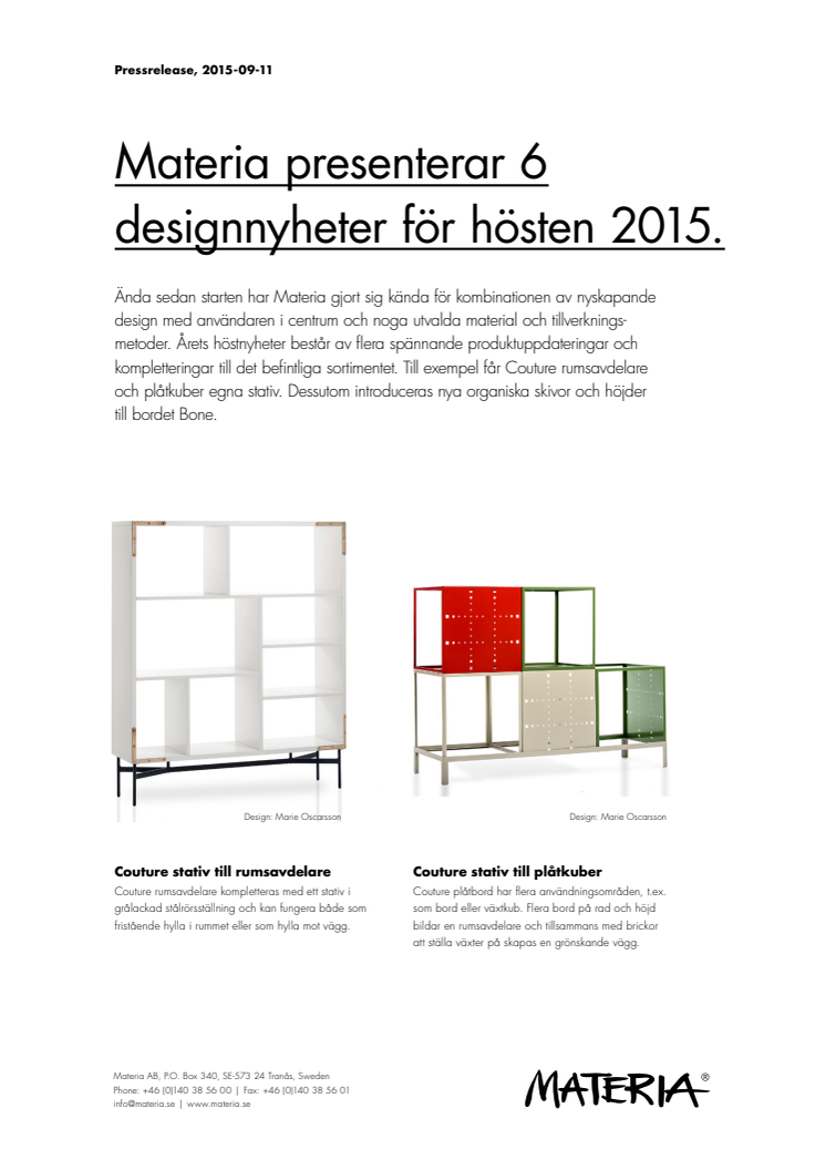 Materia presenterar 6 designnyheter för hösten 2015