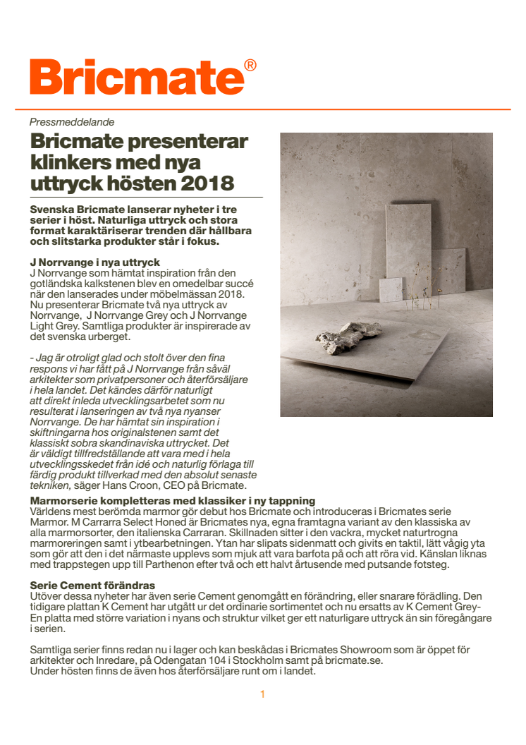 Bricmate Presenterar klinker med nya uttryck hösten 2018