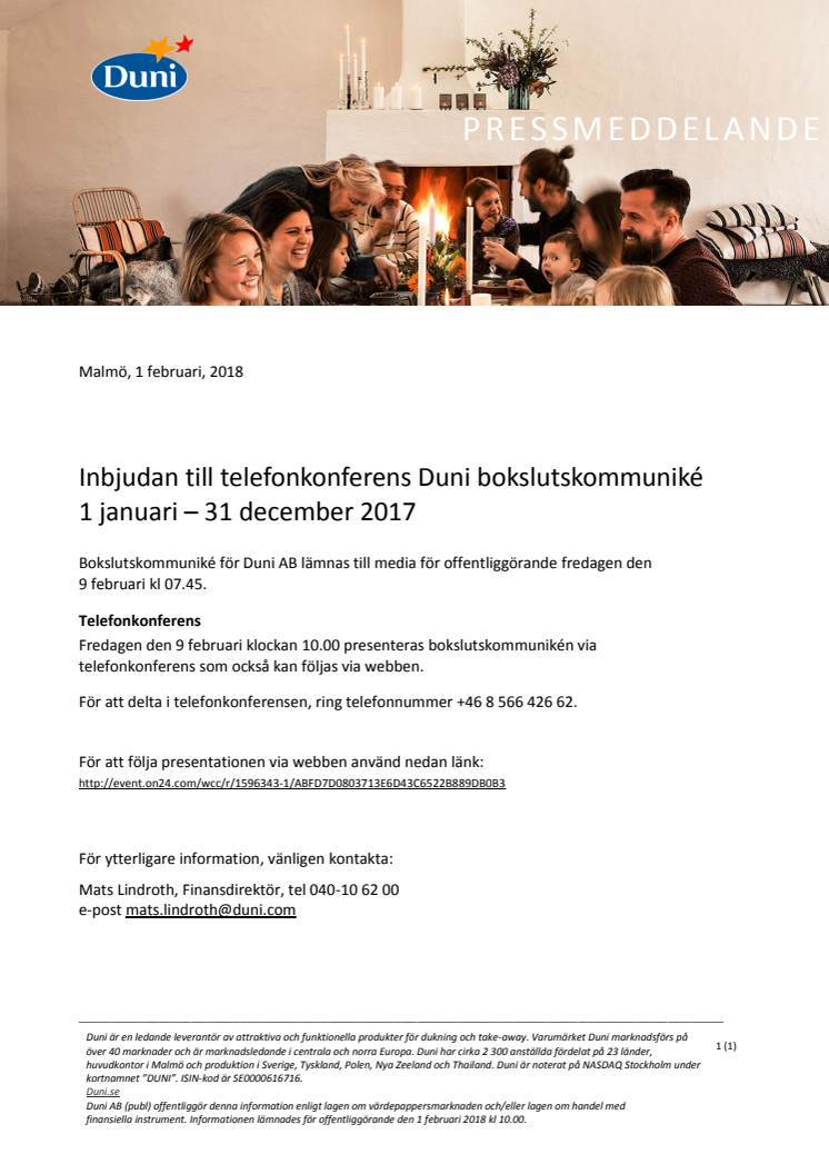 Inbjudan till telefonkonferens Duni bokslutskommuniké 1 januari – 31 december 2017