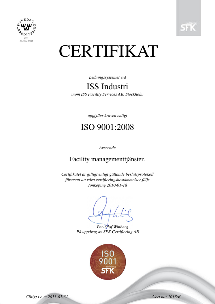 ISO 9001 certifikat ledningssystem ISS Industri