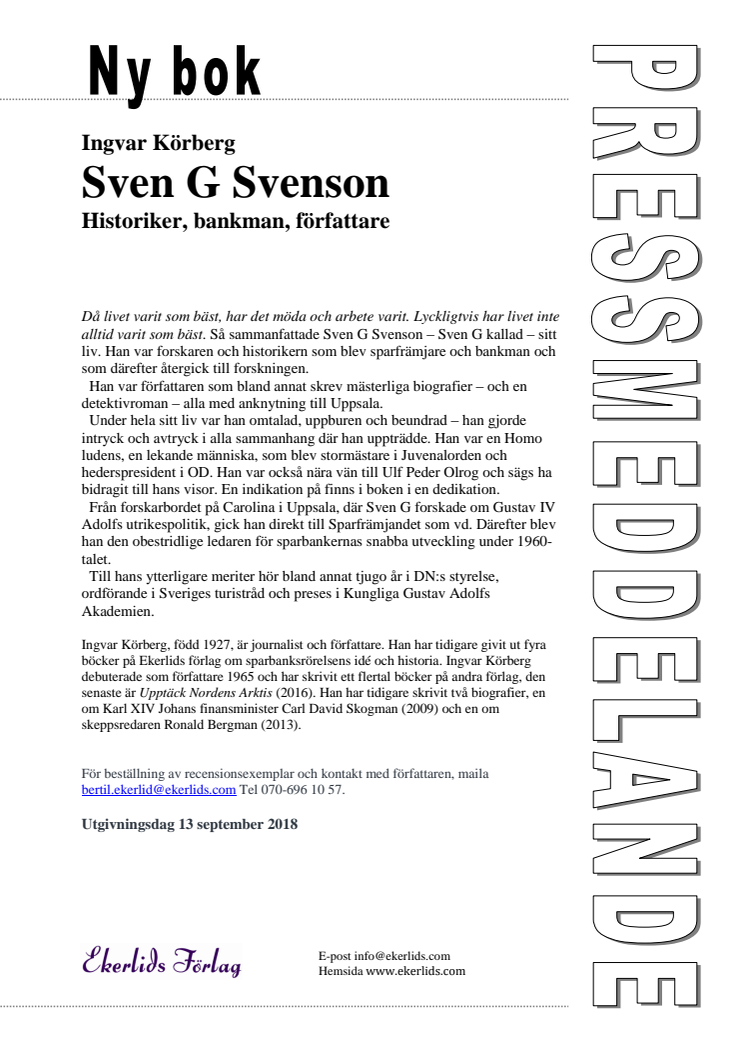 Ny bok: Sven G Svenson - historiker, bankman, författare