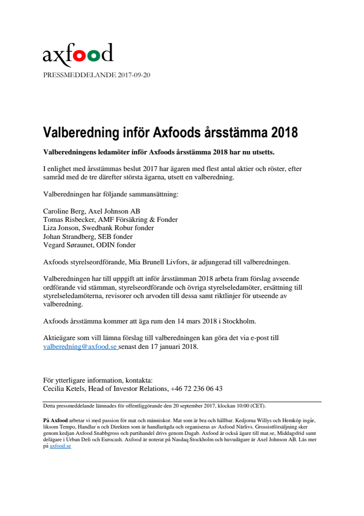 Valberedning inför Axfoods årsstämma 2018