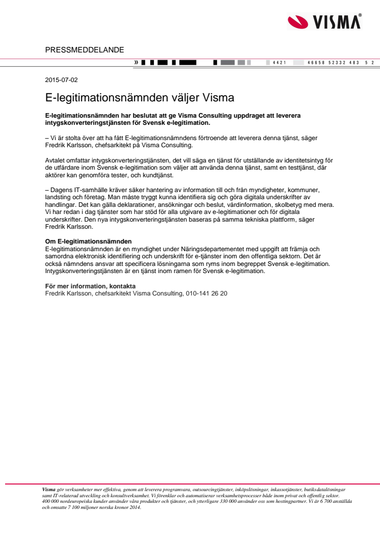 E-legitimationsnämnden väljer Visma