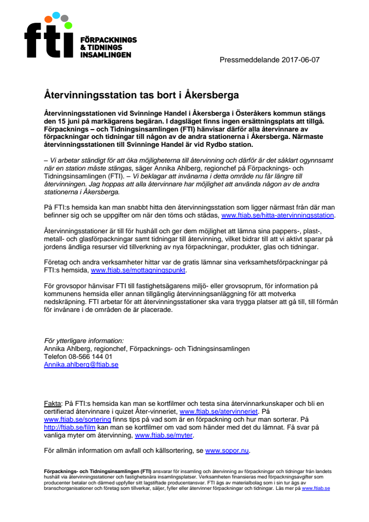 Återvinningsstation tas bort i Åkersberga