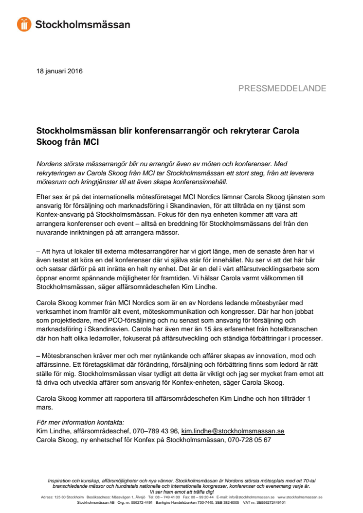 Stockholmsmässan blir konferensarrangör och rekryterar Carola Skoog från MCI