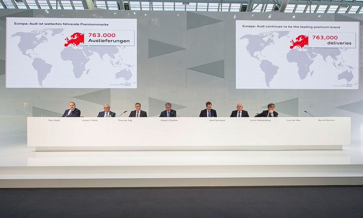 Audi AG Annual Press Conference 2015 - Melfi, Communications; Waltl, Production; Sigi, HR; Stadler, Chairman; Strotbek, Finance and Organization; Hackenberg, Technical Development; de Meo, Sales and Marketing