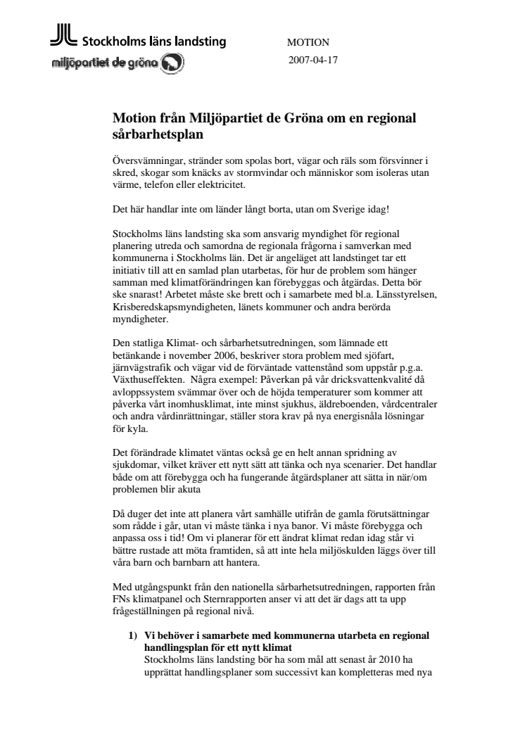 Förslag om en regional sårbarhetsplan