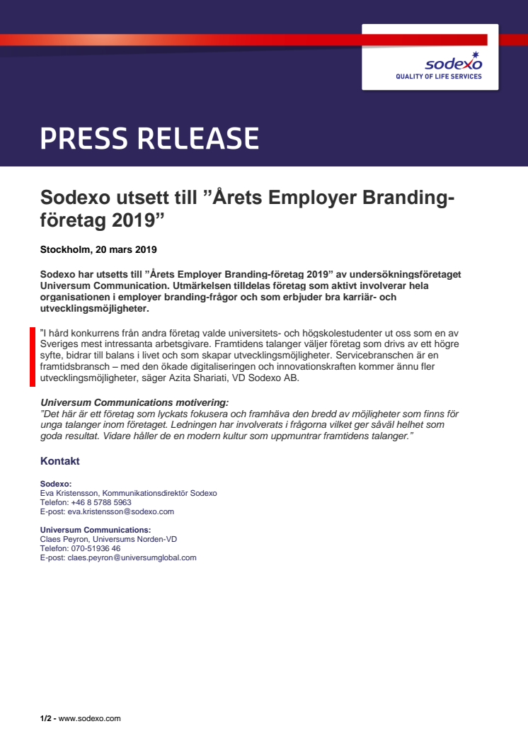 Sodexo utsett till ”Årets Employer Branding-företag 2019”