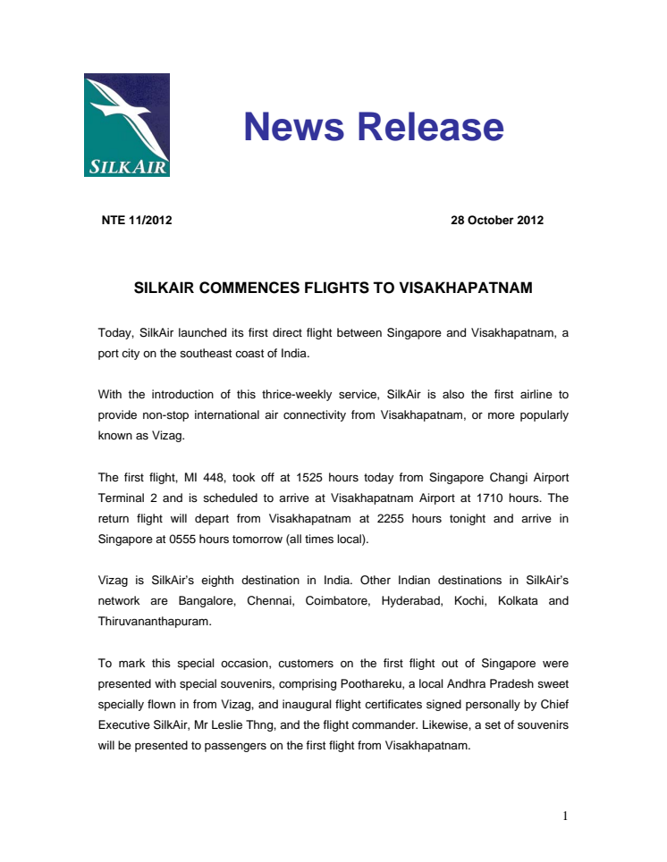 SilkAir Commences Flights to Visakhapatnam
