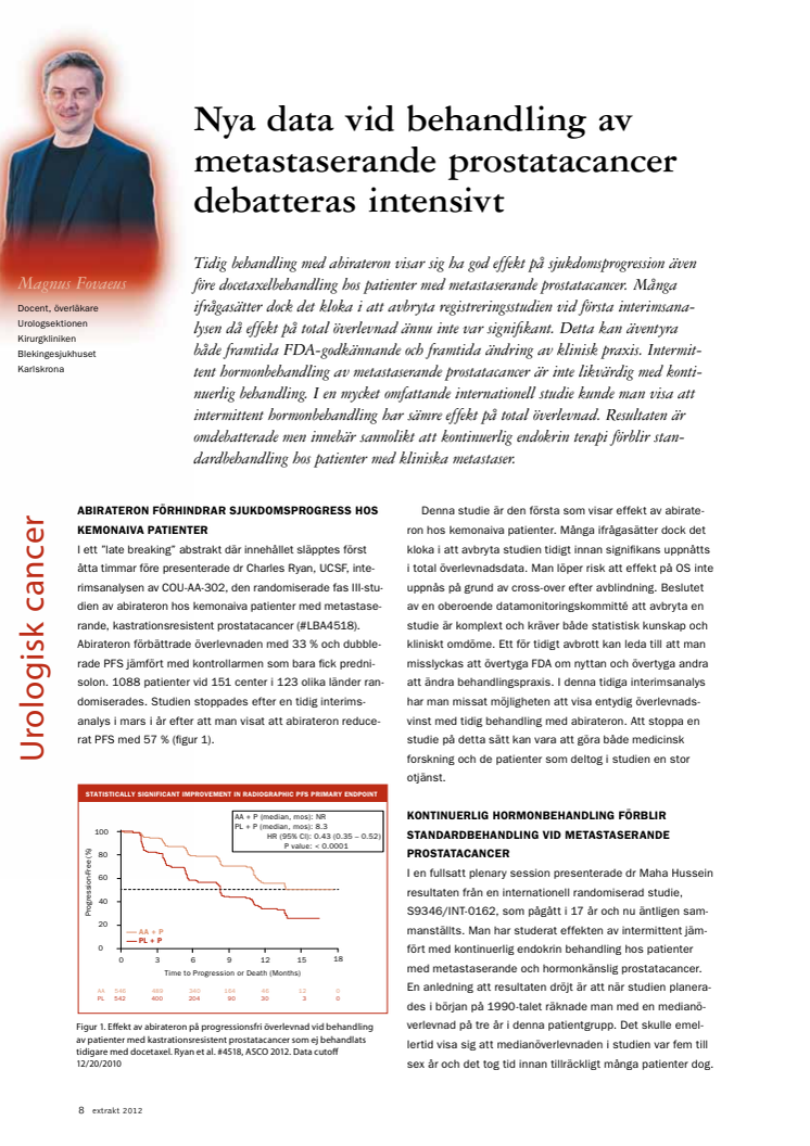 Överläkare Magnus Fovaeus: Nya data vid behandling av metastaserande prostatacancer debatterades intensivt, ASCO 2012